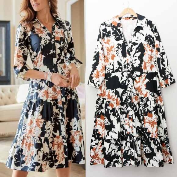 Soft Surroundings Dresses & Skirts - Soft Surroundings Midi Shirt Dress 18W Floral Moonglow Tiered Stretchy Cotton